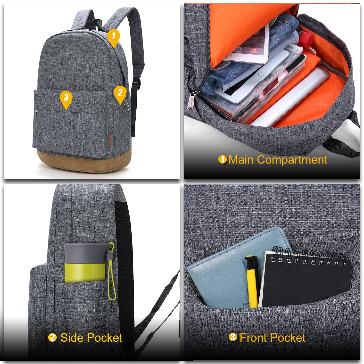 Tinyat College Bookbag Laptop Backpack Stylish School Bag Hiking Daypack Rucksack T101, Grey