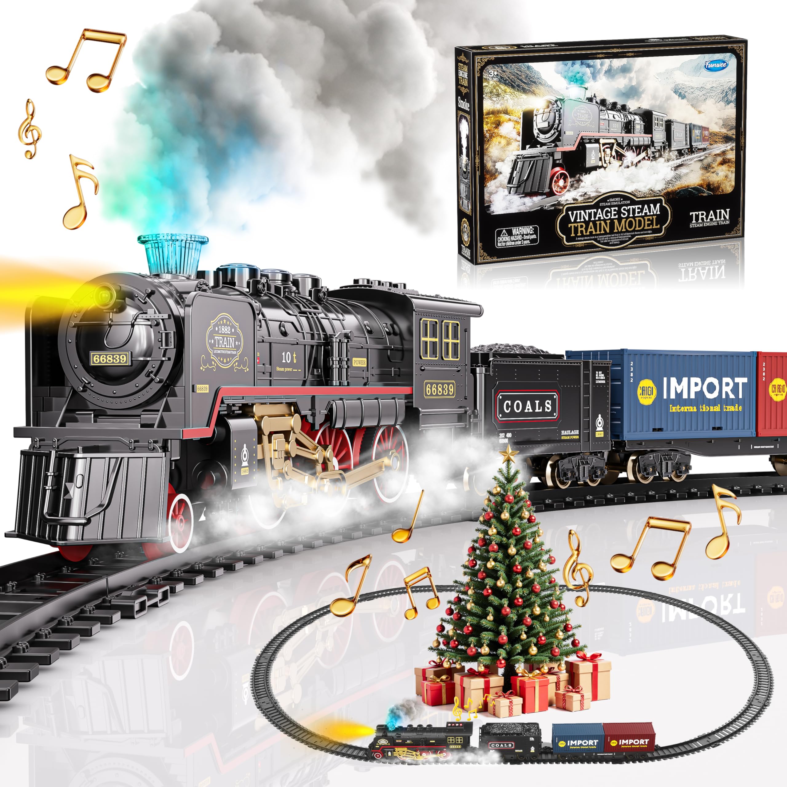 Photo 1 of Funwee Train Set for Under Christmas Tree,Electric Train Toy with Smokes,Lights and Sound, Locomotive Train Model with Track,Birthday Gifts Idea for 3 4 5 6 7+ Years Old Toddler Boys and Girls