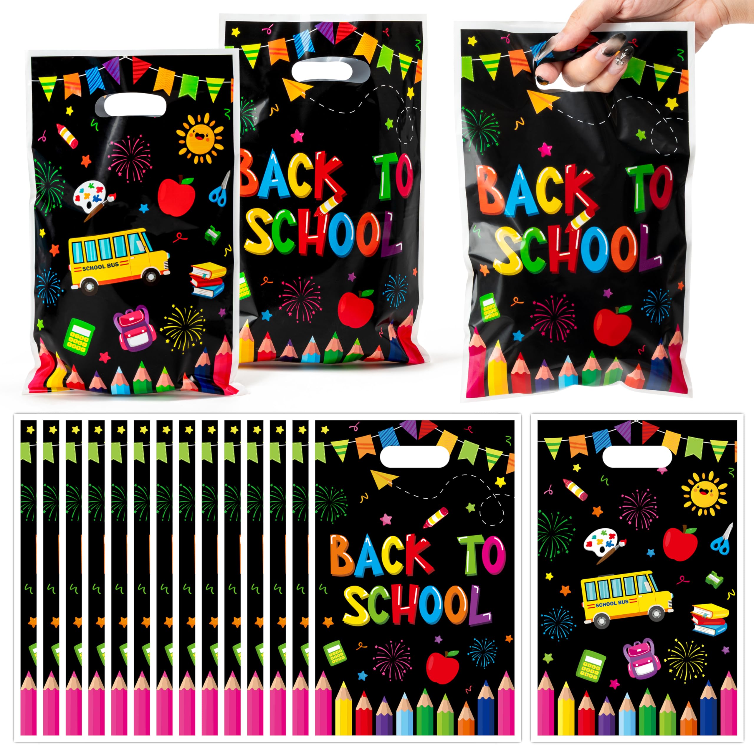 Photo 1 of 3sscha 50Pcs Back to School Party Favor Bag - First Day of School Classroom Plastic Waterproof Goodie Bags Welcome Back Rectangular Gift Pack for Kids Colorful Decoration Party Favors Supplies