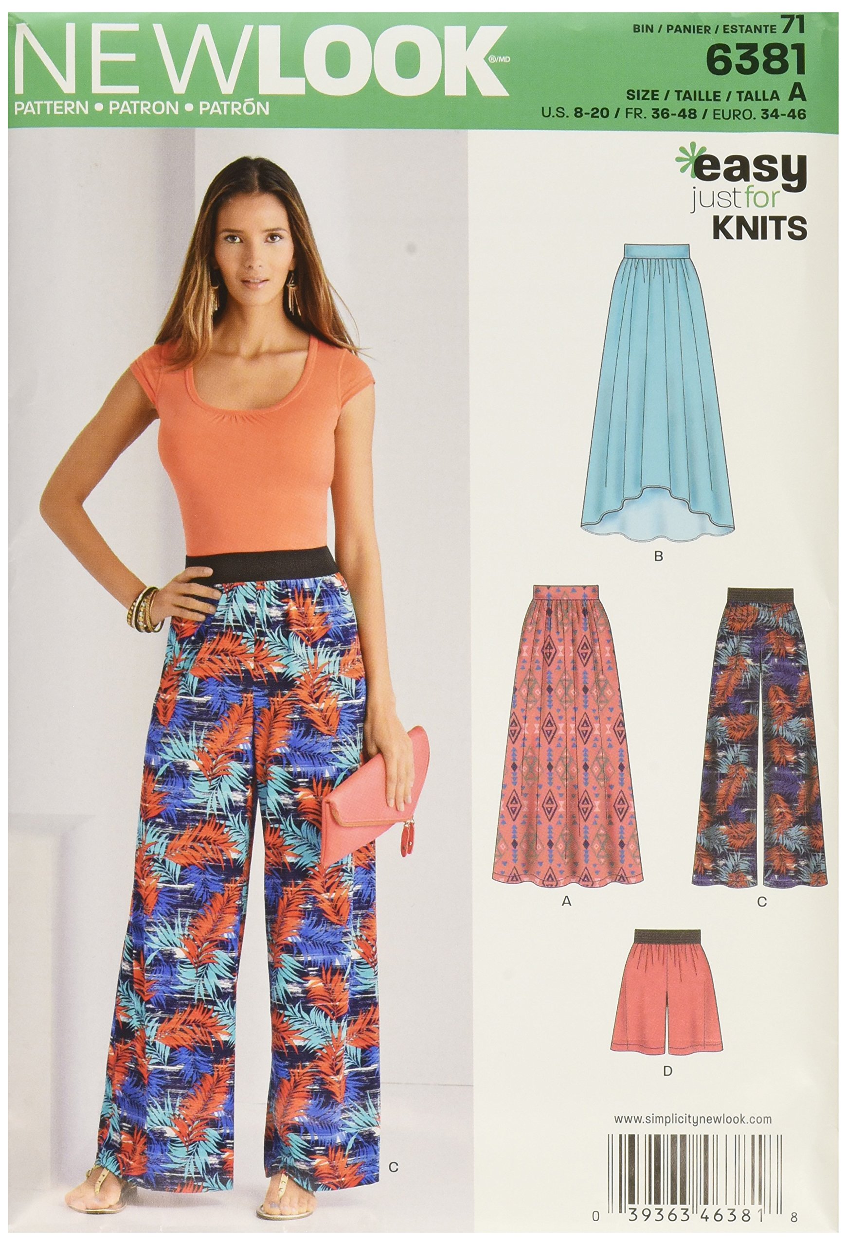 New Look 6381 Size A Misses' Knit Skirts and Pants or Shorts Sewing Pattern, Multi-Colour