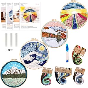 4Pack Embroidery Starter Kit with Pattern and Instructions, DIY Beginner Cross Stitch Kit Include 1 Embroidery Hoop,4 Embroidery Clothes with Scenery Pattern,Color Threads (Embroidery Kit-I)