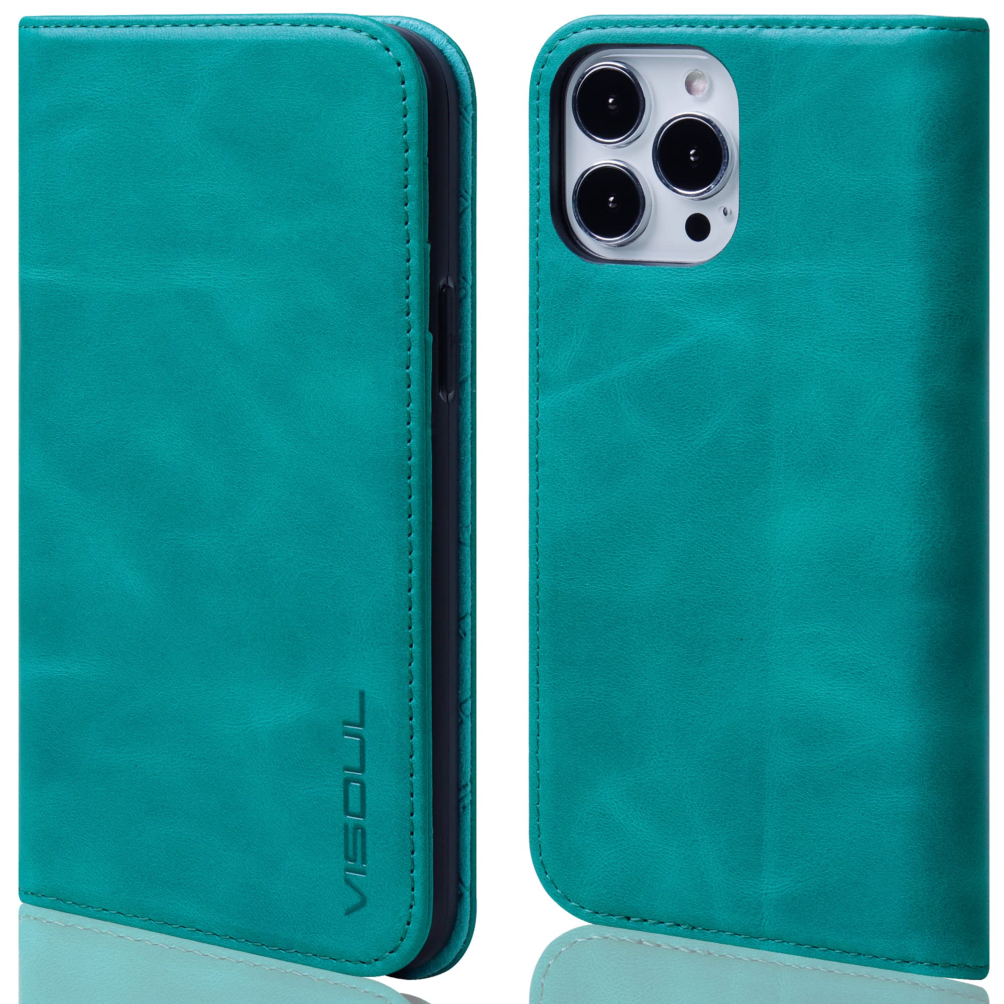 VISOUL Wallet Case Compatible for iPhone 13 Pro 6.1" 2021 Genuine Leather Folio Case, RFID Blocking, Magnetic, 3 Credit Card Slots, Kickstand, Shock Absorbing-Minit Blue