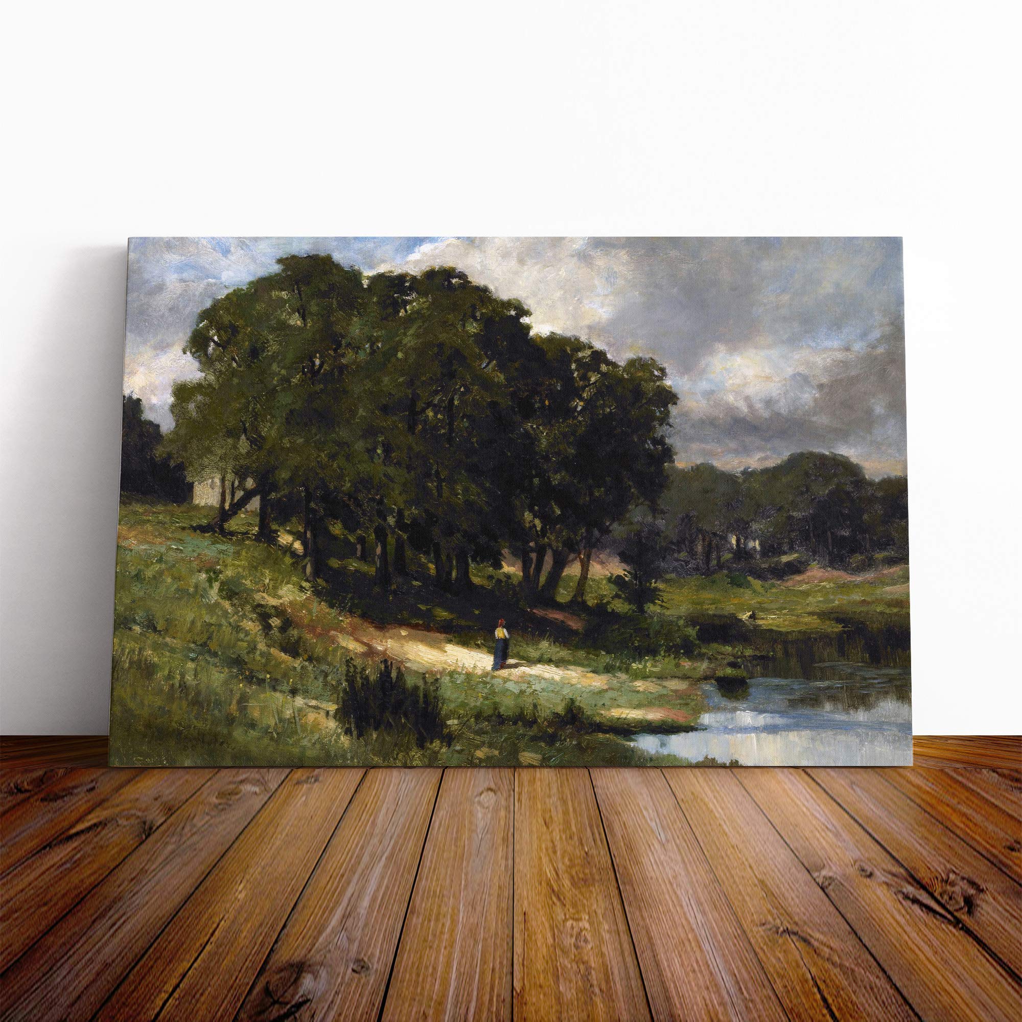 Charles-Francois Daubigny Woman Standing Near a Pond Canvas Print | Gallery Wrapped 30mm Frame Wall Art | 20x14 inches | Ready to Hang | Modern People Picture | Living Room Bedroom Lounge Office