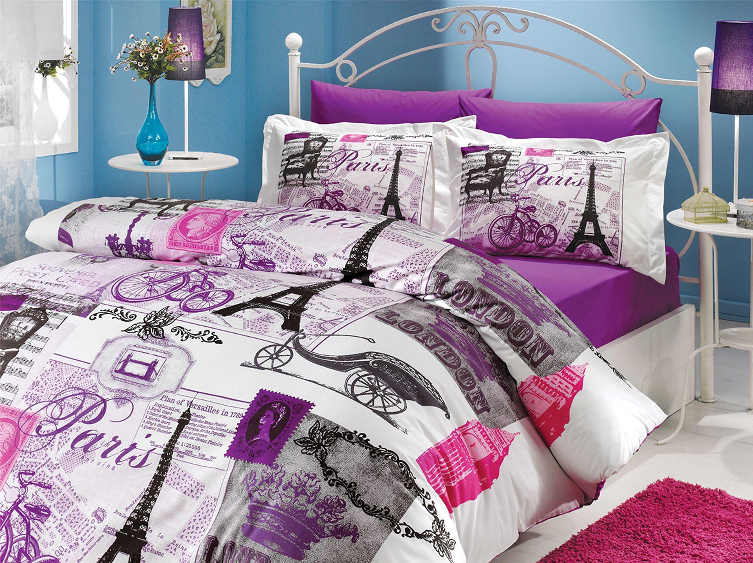 Vicenta Paris Eiffel %100 Cotton 4pcs Paris Eiffel Themed Queen Double Size Duvet Cover Set Eiffel Themed Bedding Linens Purple