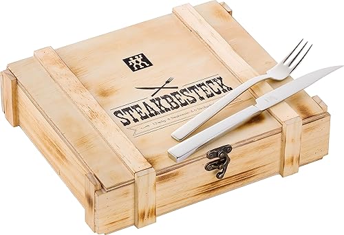 Zwilling 12-piece Steak Cutlery Set for 6 People, 6 Knives and 6 Forks, including Wood Storage Box, Stainless Steel / Wood, Silver Trim