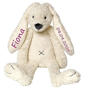 Elefantasie Stofftier Hase mit Namen und Geburtsdatum personalisiert Geschenk 30cm weiß Aufdruck pink