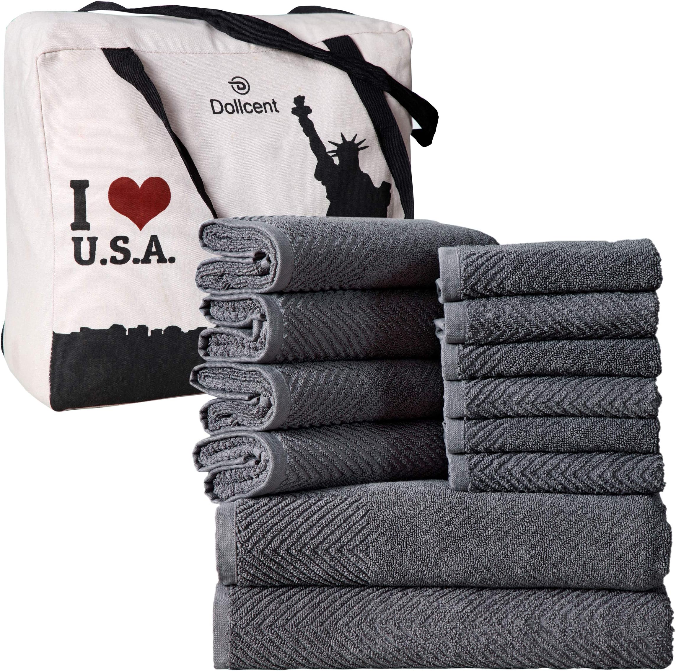 DOLLCENT 600 GSM Jacquard Chevron 100% Combed Cotton Towel Set Hotel Spa Towel- Super Absorbent Ultra Soft Cotton Towel Set - 2 Bath Towels, 4 Hand Towels & 6 Wash Cloths- 12 Pack, Grey Bath Towels