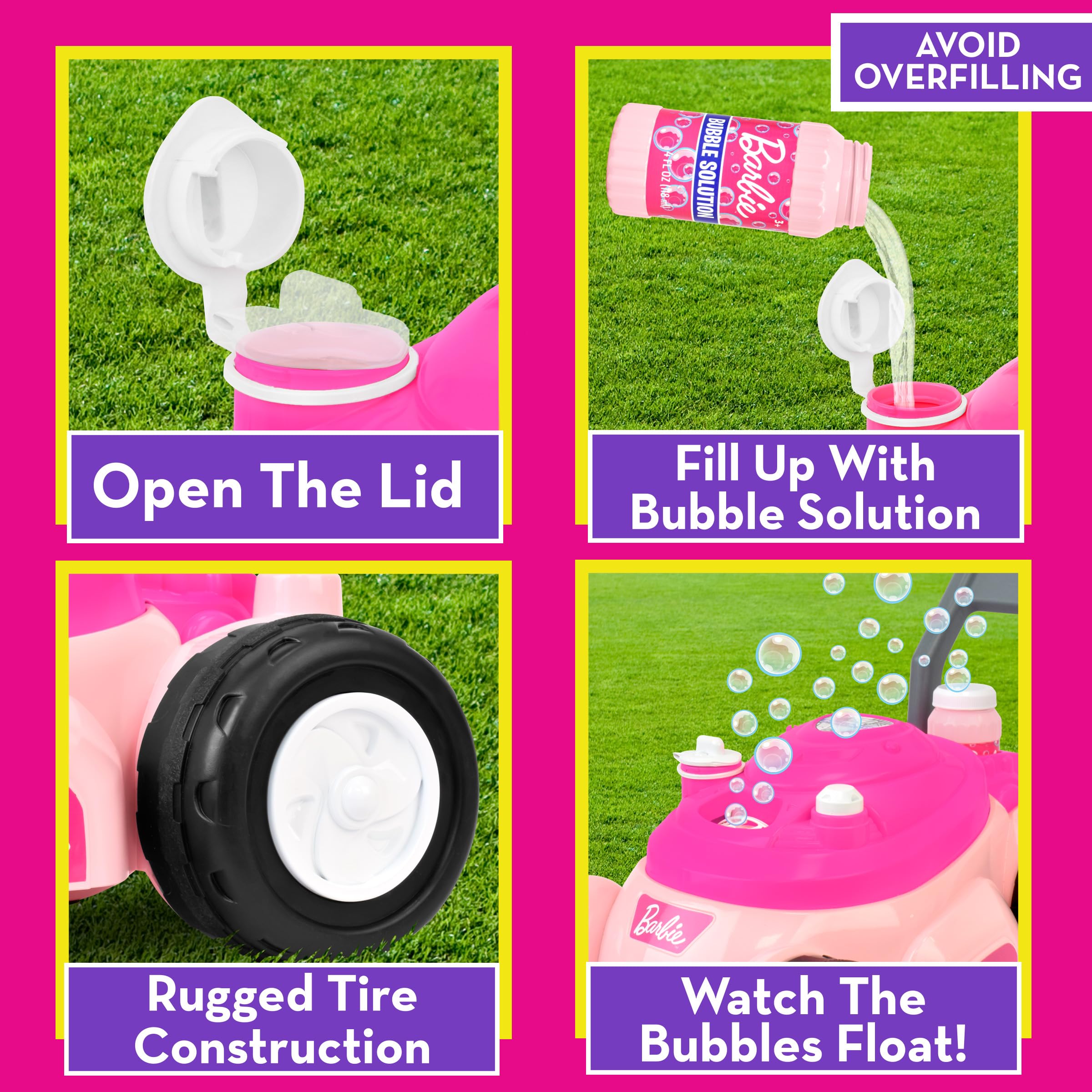 Barbie Bubble Lawn Mower for Toddlers, Bubble Blowing Machines, Indoor and Outdoor Gardening Toy, Birthday, Party Favor for Preschool Girls, No Batteries Required, Includes Bubble Solution, 2+