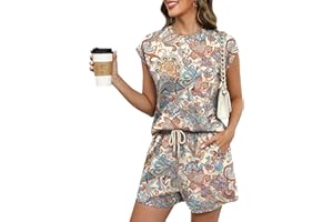 LOMON Two Piece Shorts Sets for Women Vacation Trendy Lounge Sets Crew Neck Matching Sets Cap Sleeve Airport Suits