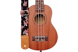 MUSIC FIRST Original Design “Rosa Multiflora in Black” Soft Muslin & Genuine Leather Ukulele Strap Ukulele Shoulder Strap