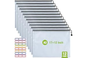 ASTEN 12PCS Mesh Zipper Pouch, Waterproof Tear-Resistant Document File Folders, A3 Size Zipper Documents Pouch Document Organizer Bags for School Office Home Travel Storage(17×12Inch)