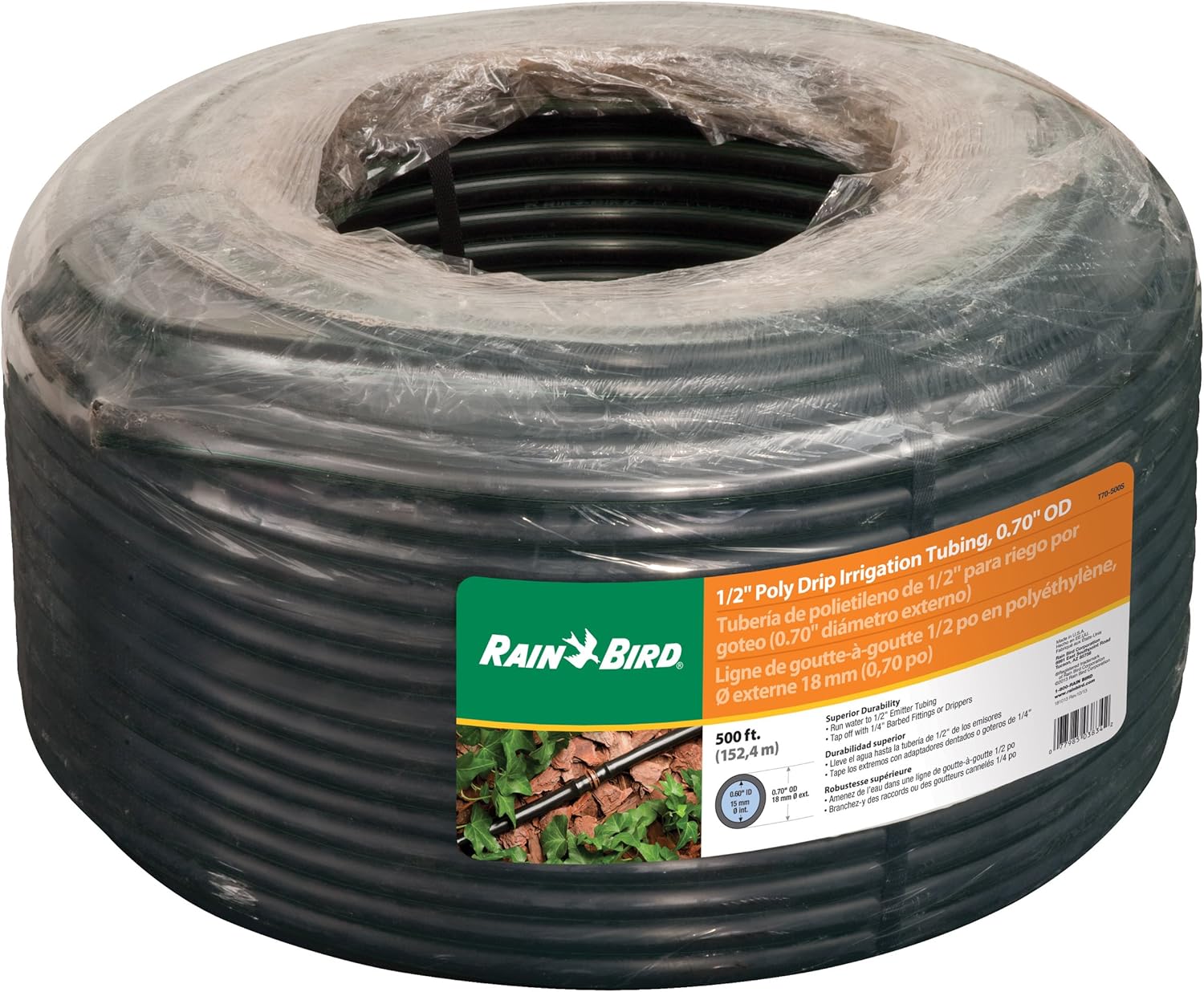 Rain Bird T70-500S Drip Irrigation 1/2" (0.700" OD) Blank Distribution Tubing, 500', Black : Garden & Outdoor