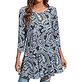 ENMAIN Women's Tops 3/4 Sleeve Dressy Casual Plus Size Tunic Tops to Wear with Leggings Swing Flare T-Shirt Loose Fit Blouses