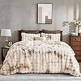Wonderful 3 Pieces Fluffy Faux Rabbit Fur Bubble Comforter Set King Size, Tie-Dyeing Beige Plush Fuzzy Bedding Set, Warm Soft Bubble Comforter Bedding Set for Winter