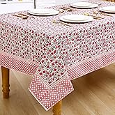 Newtay 60'' x 90'' Cotton Tablecloth Handmade Cotton Floral Tablecloth Washable Print Rectangle Table Cover with Dust Proof Wrinkle Resistant for Kitchen Dining Party Buffet(Red,Red Garnet)