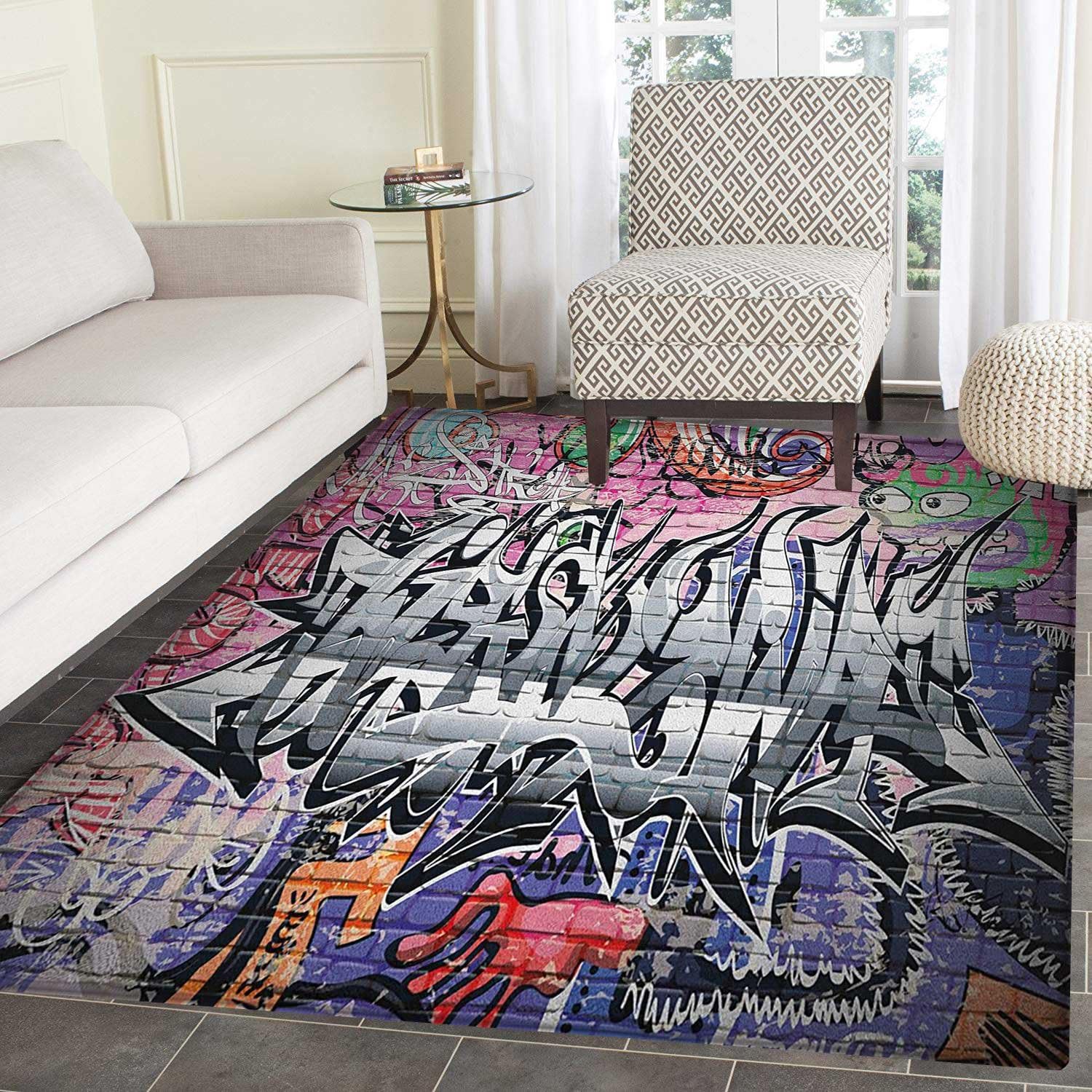 Brick Wall Print Area rug Graffiti Grunge Art Wall Several Creepy Underground City Urban Landscape Print Indoor/Outdoor Area Rug 4'x5' Multicolor