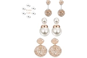 JOERICA 3 Pairs Crystal Double Ball Stud Earrings for Women Girls Faux Pearl Beads Earrings Stud Double Side