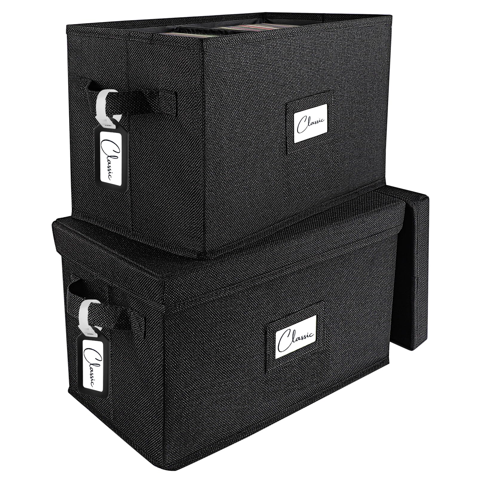 Woodoulogy Vinyl Record Storage Box Set of 2 - for 7"/45 RPM LPs, Black Case with Lid Holds up to 160 Albums, CD Crate Play Music Holder, File Folder Cabinet Organizer Case with Handle