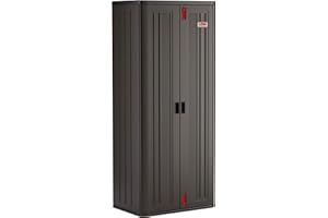 SUNCAST COMMERCIAL Suncast 19 Cubic Ft. Heavy-Duty Resin Cabinet with Lockable Handles, Multi-Wall Construction, and Metal-Reinforced Shelves for Basement, Utility Room and Garage Storage, Black, Made in the USA