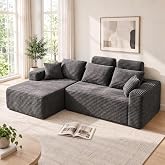 96" Boneless Couch, High Back Support L Shaped Oversized Living Room Sofa | One Box Shipping, No Assembly, Deep Seat, Sectional, with Removable Headrest Extender, Corduroy, Left-Facing Chaise, Grey
