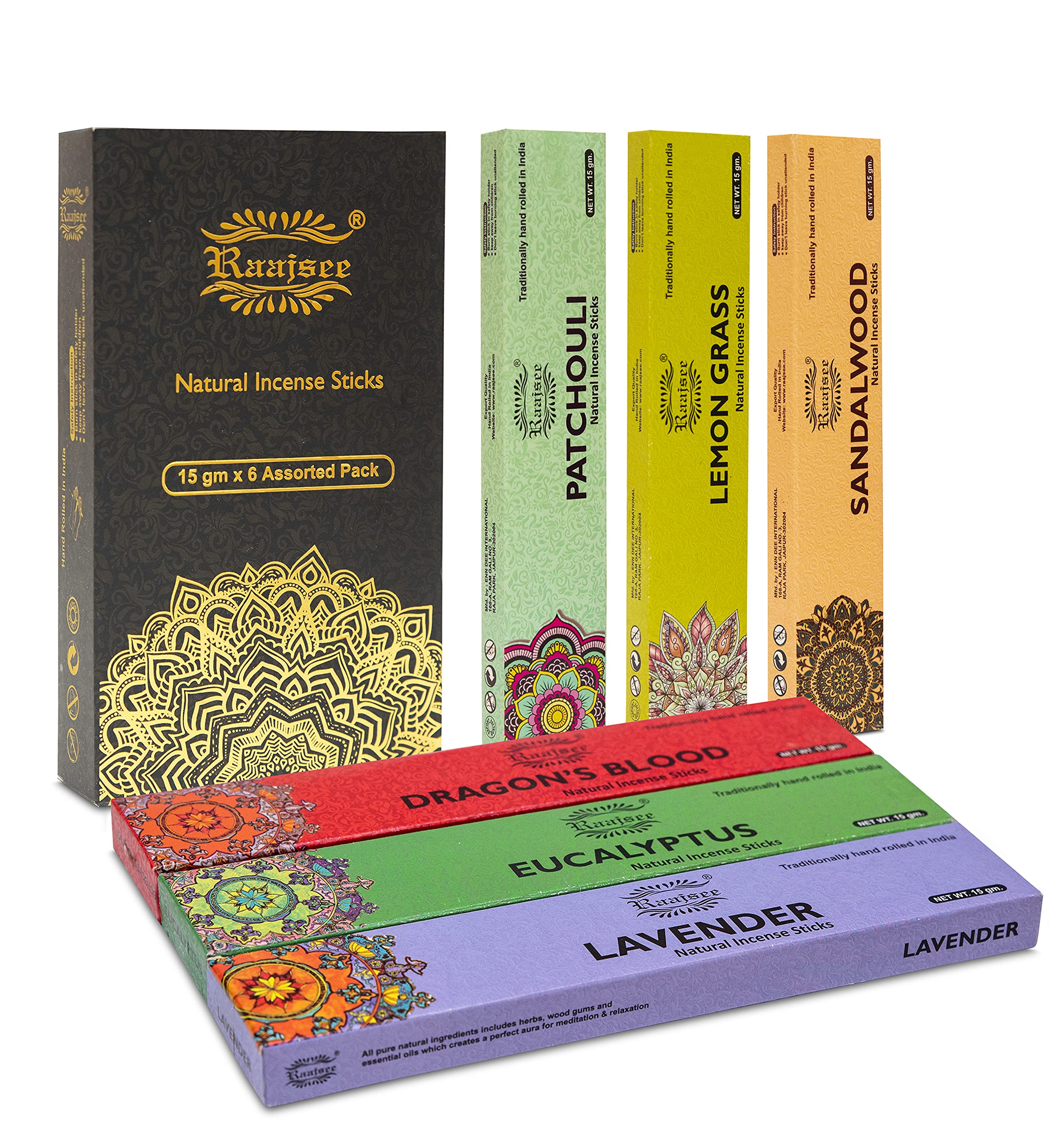 raajsee Incense Sticks-100% Organic Hand rolled 6 PACK15gm each Natural Sandalwood Insense Stick- Free from Chemicals & Charcol-No Black Smoke Joss Sticks- Perfect for Church,Aromatherapy — image 1