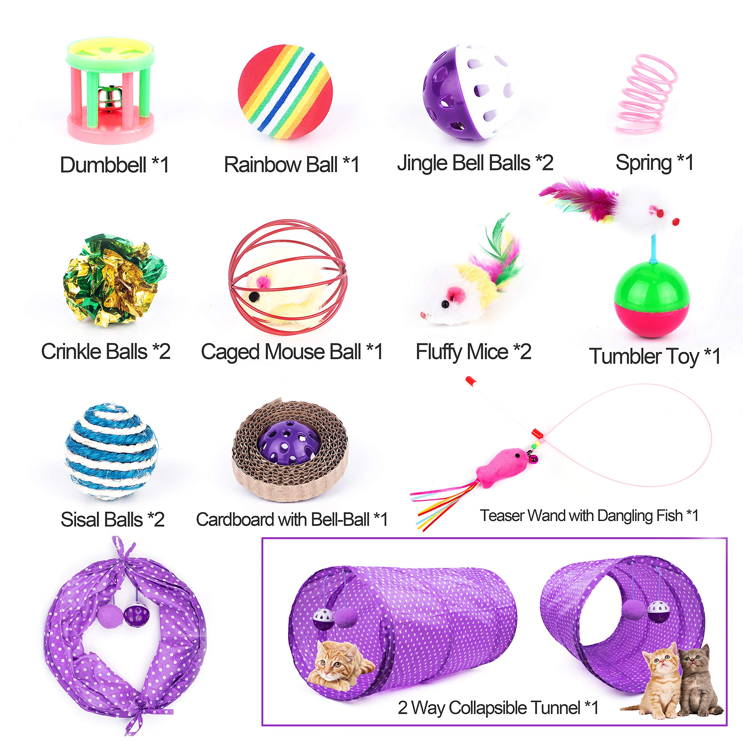 Cottia 16PCS Cat Toys Variety Pack - 2 Way Tunnel, Fluffy Mice, Cat Teaser, Tumbler, Spring Balls, Interactive Play & Exercise Kitten Toys Cat, Kitty (Color May Vary)