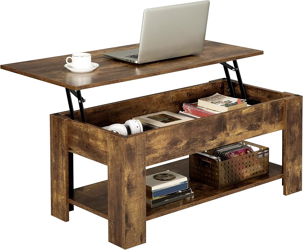 Yaheetech Lift Up Coffee Table with Hidden Storage Rustic Brown 98x50 cm