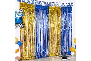 LOLStar 2 Pack Blue and Gold 2024 graduation party decorations, 3.3x6.6 ft Foil Fringe Curtains, Tinsel Backdrop, Graduation Photo Booth Prop Streamer Backdrop for High School College University Party