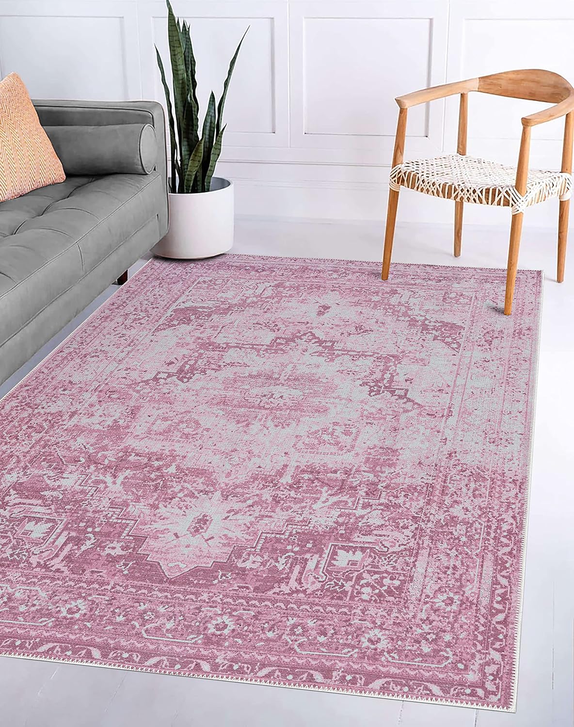 Rugs, Pads & Protectors - Adiva Rugs Machine Washable Area Rug with Non Slip Backing for Living Room, Bedroom, Bathroom, Kitchen, Printed Vintage Home Decor, Floor Decoration Carpet Mat (Pink, 5' x 7')