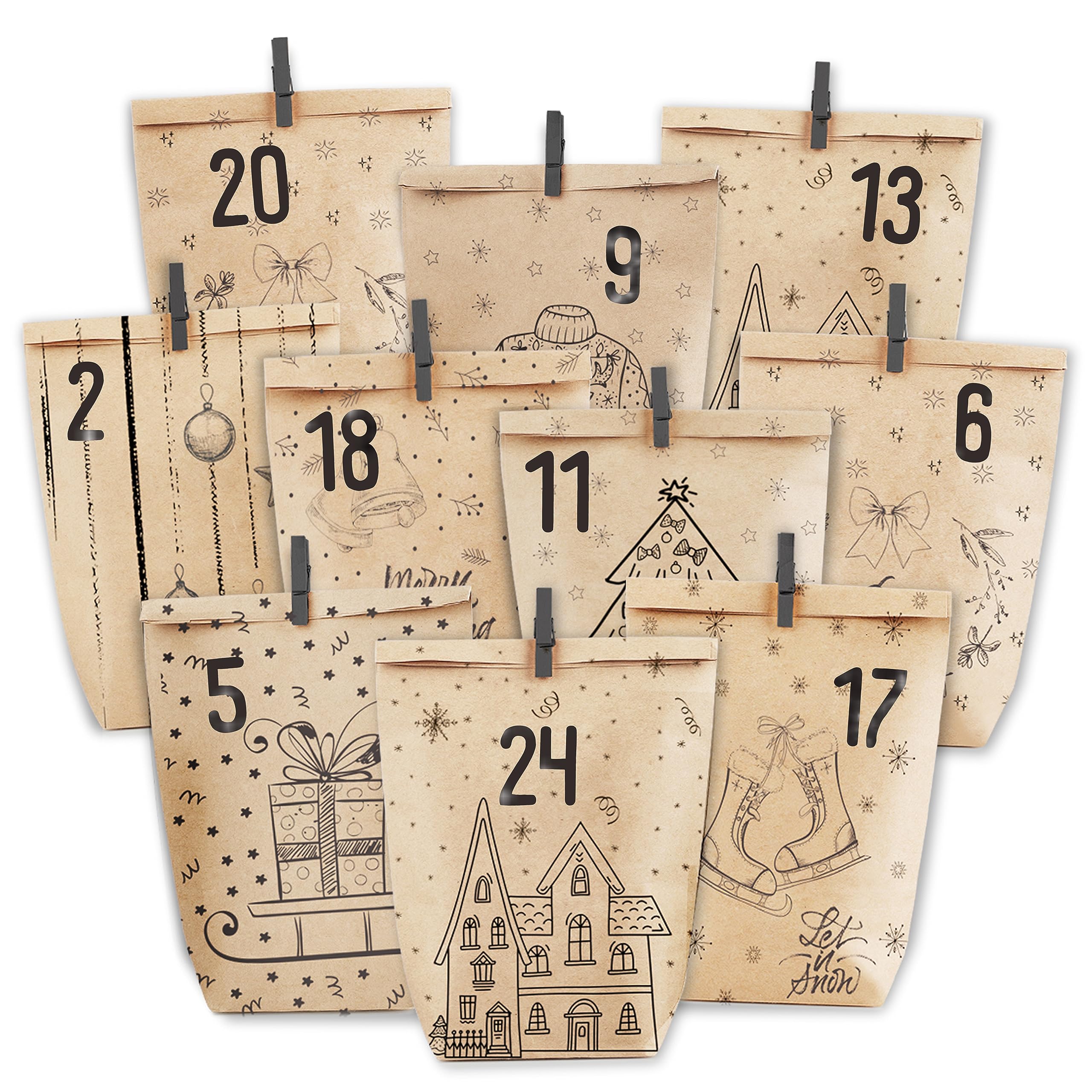 PANSIBY Advent Calendar for Filling, 24 Christmas Calendar Gift Paper Bags Large for Filling Yourself, Kraft Paper Bags, Advent Bags, Self-Filling with Stickers for Children and Adults