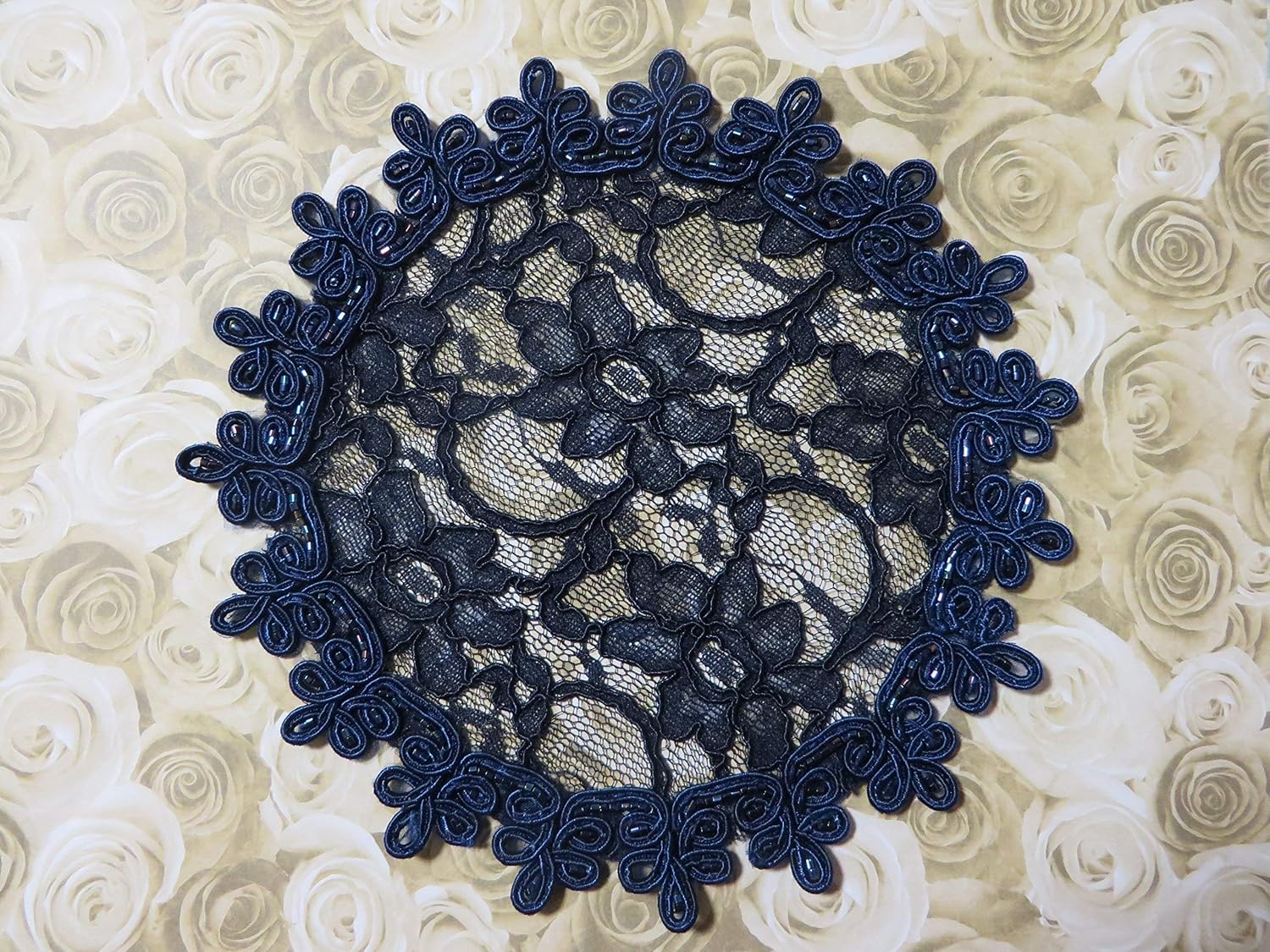 Handmade navy lace doily head cover with bead accents Hair