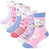 ANTSANG Kids Girls Toddlers Fuzzy Grips Socks with Grippers Non Slip Fluffy Warm Cozy Cabin Plush Crew Socks 6 Pairs