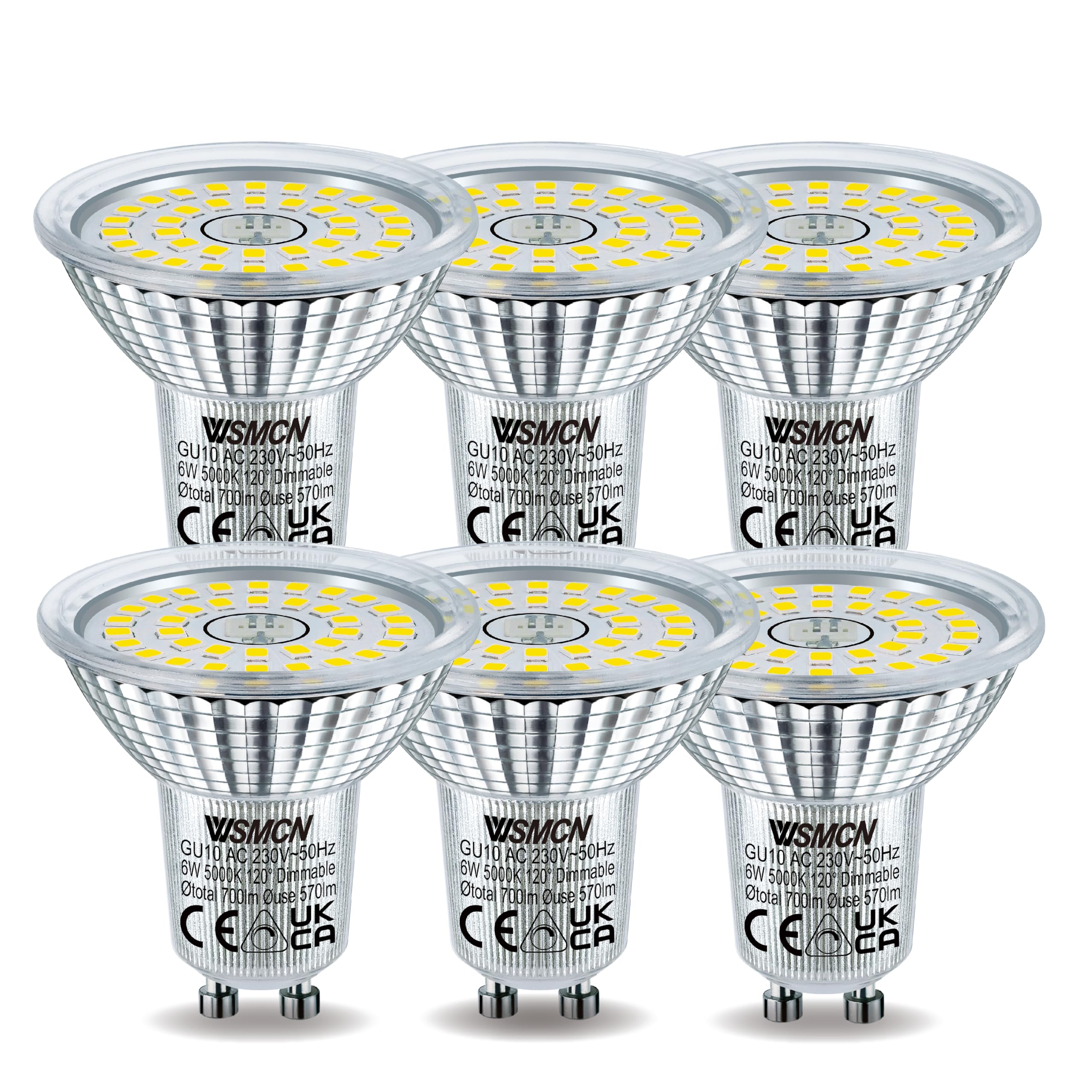 WSMCN GU10 LED Bulbs Dimmable 6W, Daylight White 5000K 700LM, 75W Halogen Equivalent, Beam Angle 120°, Flicker-Free Spotlight, Pack of 6 — image 1