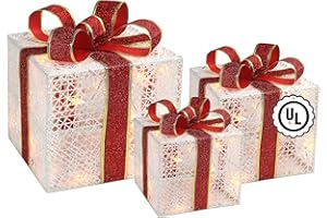 TOP TREASURES 3-Piece Lighted Gift Boxes - Pre Lit Christmas Decoration with Ribbons for Indoor/Outdoor Use (8in) - Weather Resistant Yard Home Decor with Warm UL Lights