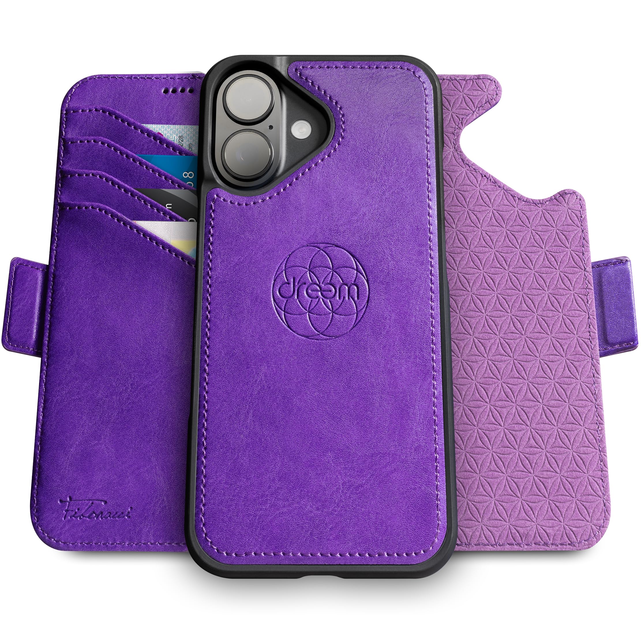 dreem Wallet Case for iPhone 16, Revolutionary Vert/Hor Phone Stand, Magnetic Detachable Vegan Leather Flip Cover RFID Blocking Card Holder, MagSafe-Fit, Gift Box [Fibonacci: Purple]