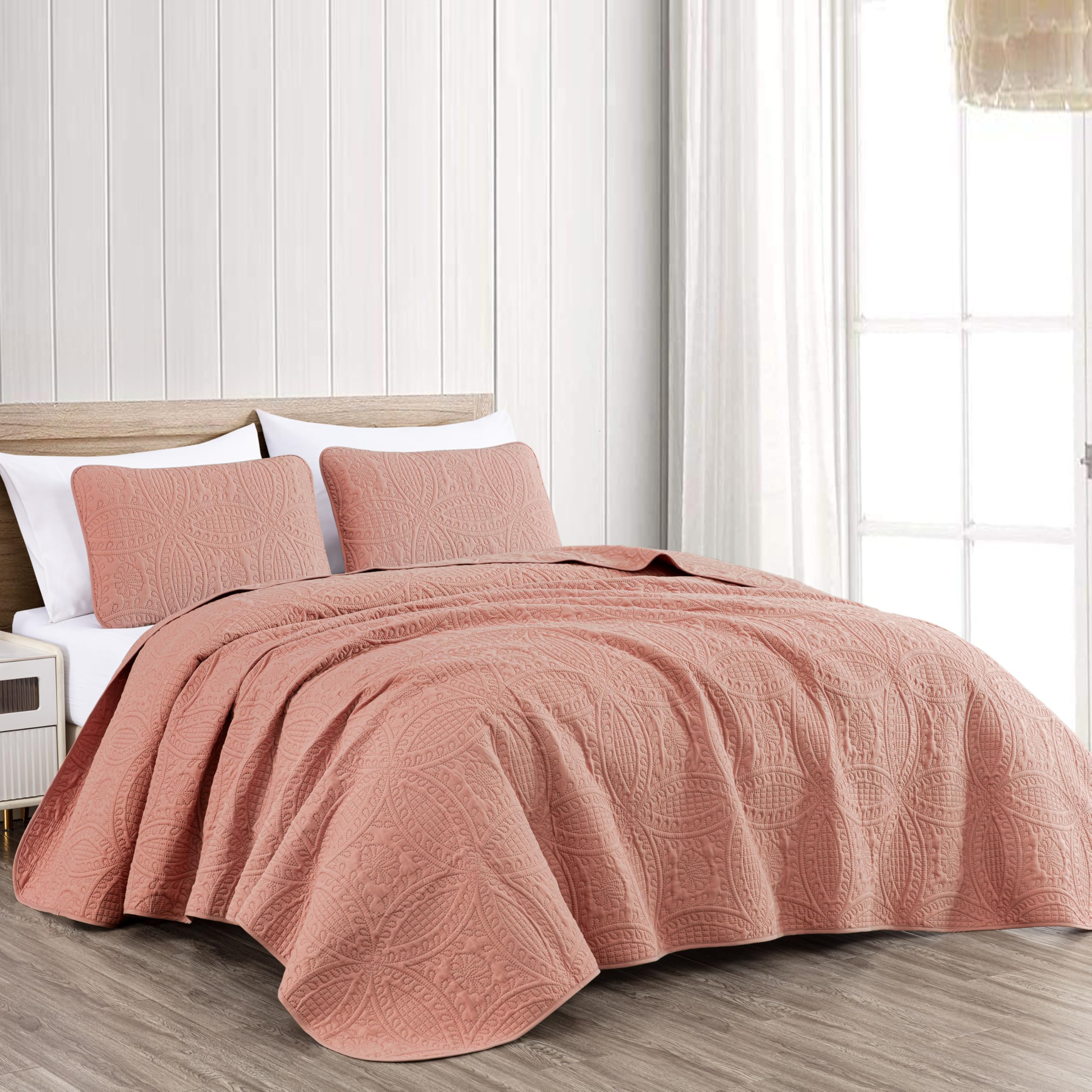 Chezmoi Collection Austin 3-Piece Oversized Bedspread Coverlet Set (King, Salmon) Image