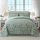 NEWLAKE Cotton Bedspread Quilt Sets-Reversible Patchwork Coverlet Set, European Teal Floral Pattern, California King Size