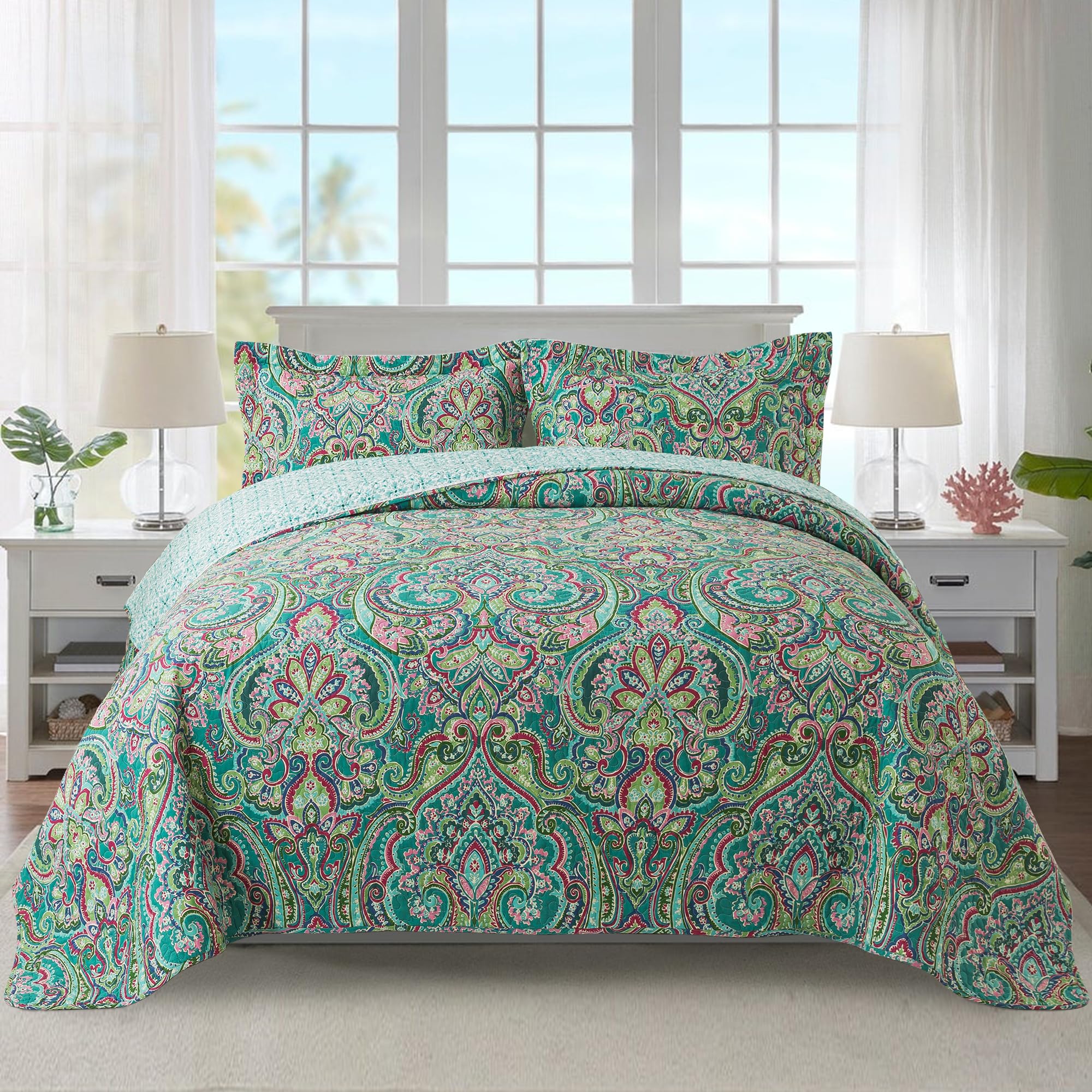 NEWLAKE Cotton Bedspread Quilt Sets-Reversible Patchwork Coverlet Set, European Teal Floral Pattern, King Size