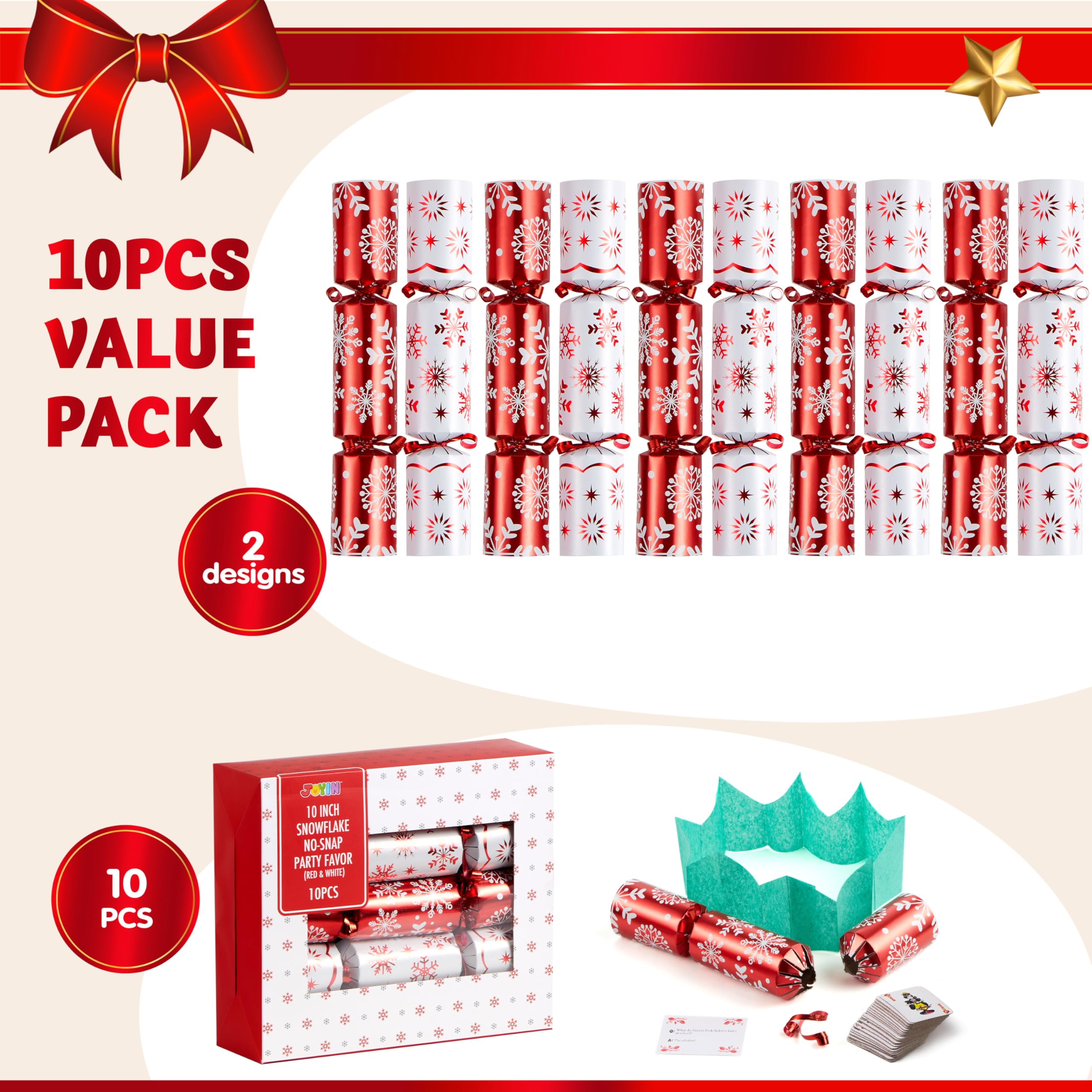 JOYIN 10 Pack Christmas No Snap Party Table Favor with Red & White Snowflake Design, with Party Hat, Joke & Little Gift Inside, for Xmas Gift, Christmas Seasonal Holiday Dinner Traditions