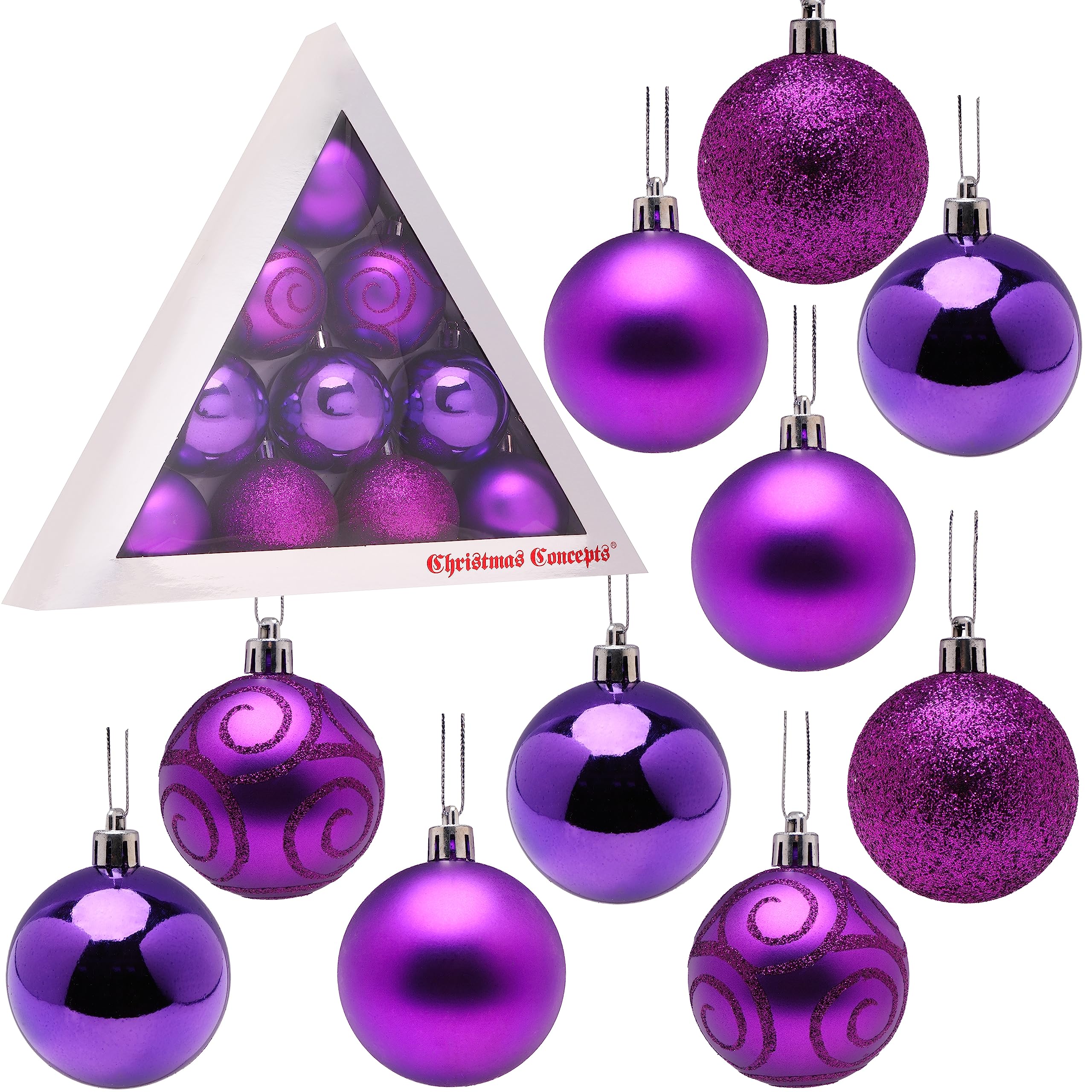 Christmas Concepts® Pack of 10-60mm Christmas Tree Baubles - Shiny, Matte & Glitter Decorated Baubles (Purple)
