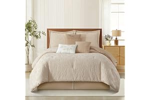 Stratford Park 3D Jacquard Leaves Polyester Comforter Set, 7 Piece Beige Gold Queen Size Bedding Set, All Season Bedding, Mat
