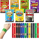 BOpusail 28 Packs Valentines Day Gift for Kids, Valentine’s Day Super Power Slap Bracelets with Cards Toddler School Classroom Prize Exchange Gifts Party Favor Toy Set Superhero Decorations
