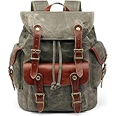 HuaChen Vintage Heavy Duty Canvas Backpack with Leather Trims,Military Rucksack for Travel, Hiking,School, College Bookbag Daypack - M85 Army Green