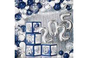 Ecomore Graduation Party Decorations Class of 2025-86 PCS Grad Party Supplies Includes LED Light Strings Balloon Block Boxes with Letters Foil Fringe Curtain 2025 Balloons Kit - Navy Blue & Sliver