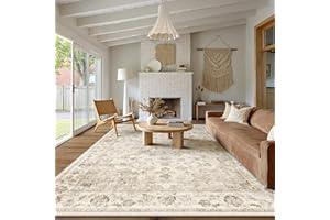 WondRg 8x10 Washable Area Rug for Living Room Bedroom Beige Neutral Carpet Low Pile Soft Thin Tapis Salon Floral Vintage Non-