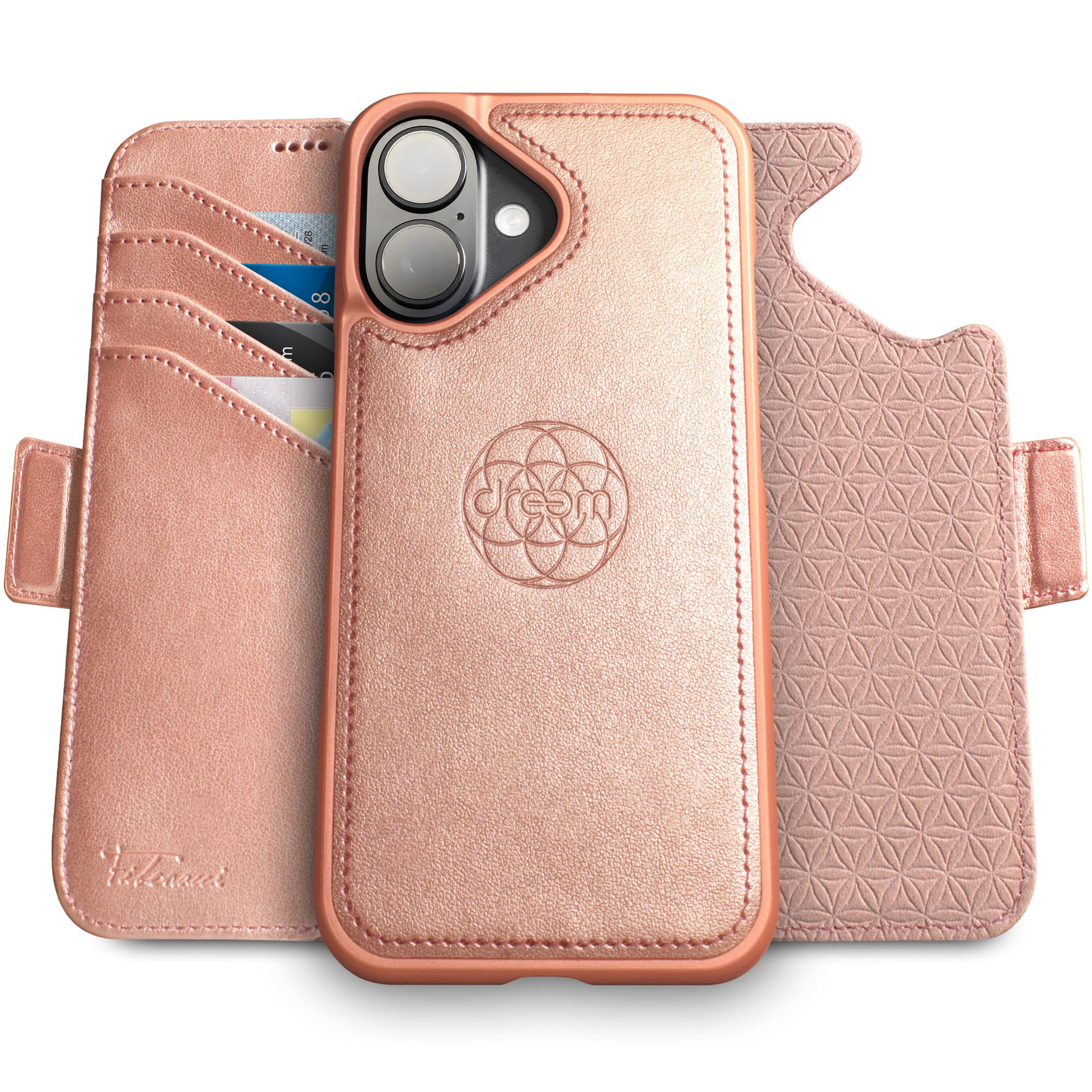 dreem Wallet Case for iPhone 16, Revolutionary Vert/Hor Phone Stand, Magnetic Detachable Vegan Leather Flip Cover RFID Blocking Card Holder, MagSafe-Fit, Gift Box [Fibonacci: Rose]