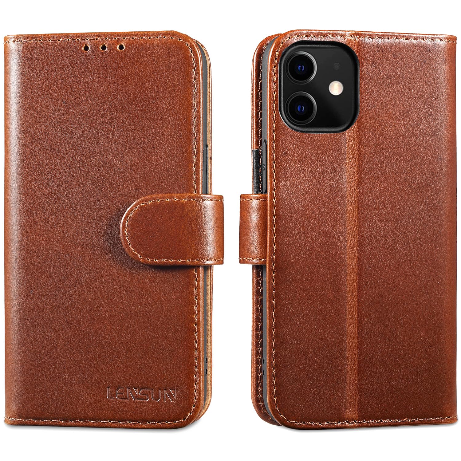 LENSUN Genuine Leather Case for iPhone 12 Mini, Flip Case with Magnetic Closure, Stand Function, Card Slot, RFID Blocking - Dark Brown — image 1