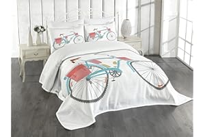 Ambesonne Bicycle Bedspread, Classic Touring Bike with Derailleur and Saddlebags Healthy Active Lifestyle Travel, Decorative Quilted 3 Piece Coverlet Set with 2 Pillow Shams, Queen Size, Pink Blue