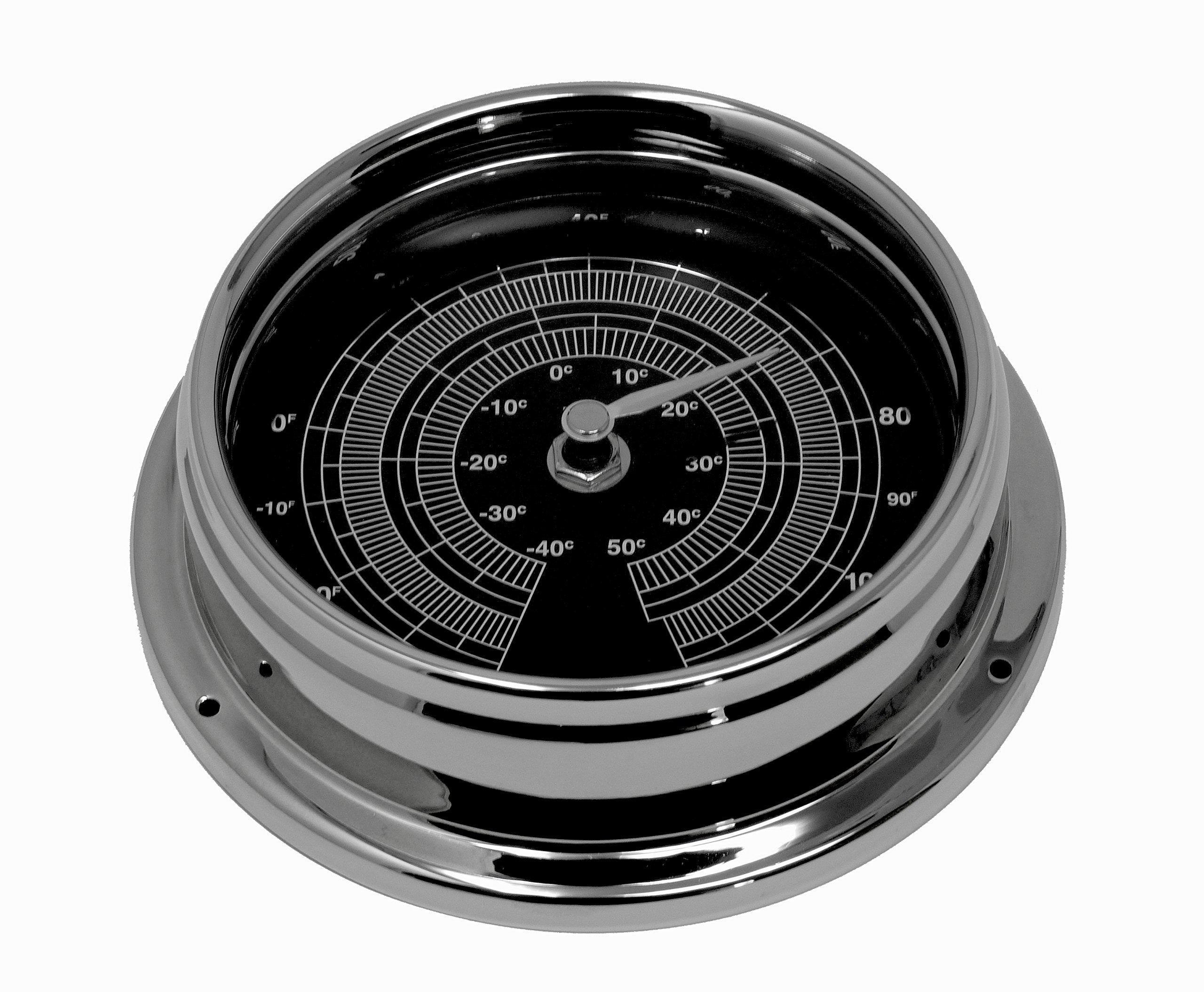 Tabic Prestige Thermometer in Chrome with a Jet Black Dial, Heavy solid Brass Case (1/2kg), Electroplated with Chromium, Handmade In England