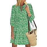LUXVEER Summer Mini Dresses Casual V Neck Drawstring Button Down 3/4 Sleeve Boho Floral Flowy Beach Shirt Dress Pockets